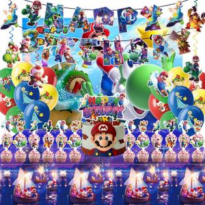 Birthday Party Decorations,50PCS latest Mario Cartoon Theme Supplies - 1 large cake plugin, 1 Backdrop, 1 Banner,6 decorative pendants, 1 Tablecloth, 24 Cake Toppers, 16 Latex Balloons.