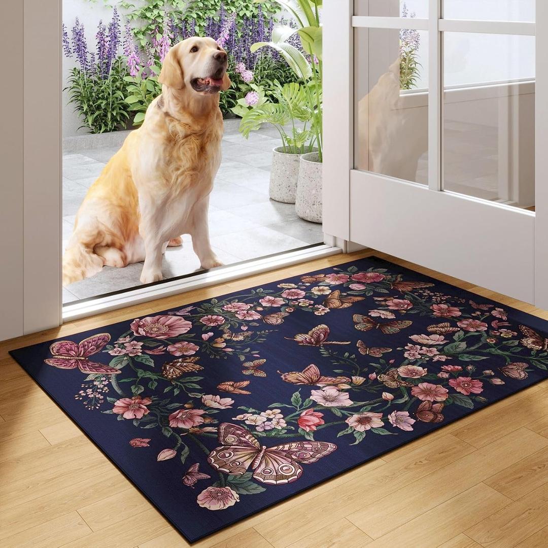 Rugcomf Door Mat Indoor Entrance 2x3 Rug Machine Washable Boho Floral Butterfly Small Area Rug Non-Slip Low Pile Throw Rugs for Entryway Kitchen Front Door Indoor Entrance Entry Kids Room, Night Blue