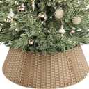ELYKEN 33 Inch Christmas Tree Collar, 6-Piece Xmas Tree Skirt for Artificial Trees, Handcrafted Plastics Wicker Tree Base Cover with Cord Cut-Out Rustic Farmhouse Tree Ring for Home Decor (Natural-flat Pp)