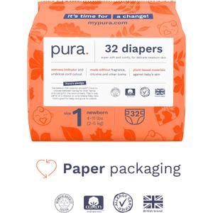 Pura Size 1 Eco-Friendly Diapers (4-11lbs) Hypoallergenic, Soft Organic Cotton Comfort, Sustainable, Wetness Indicator, Allergy UK, Newborn, Bulk Buy, 5 Packs of 32 (160
 Baby Diapers)