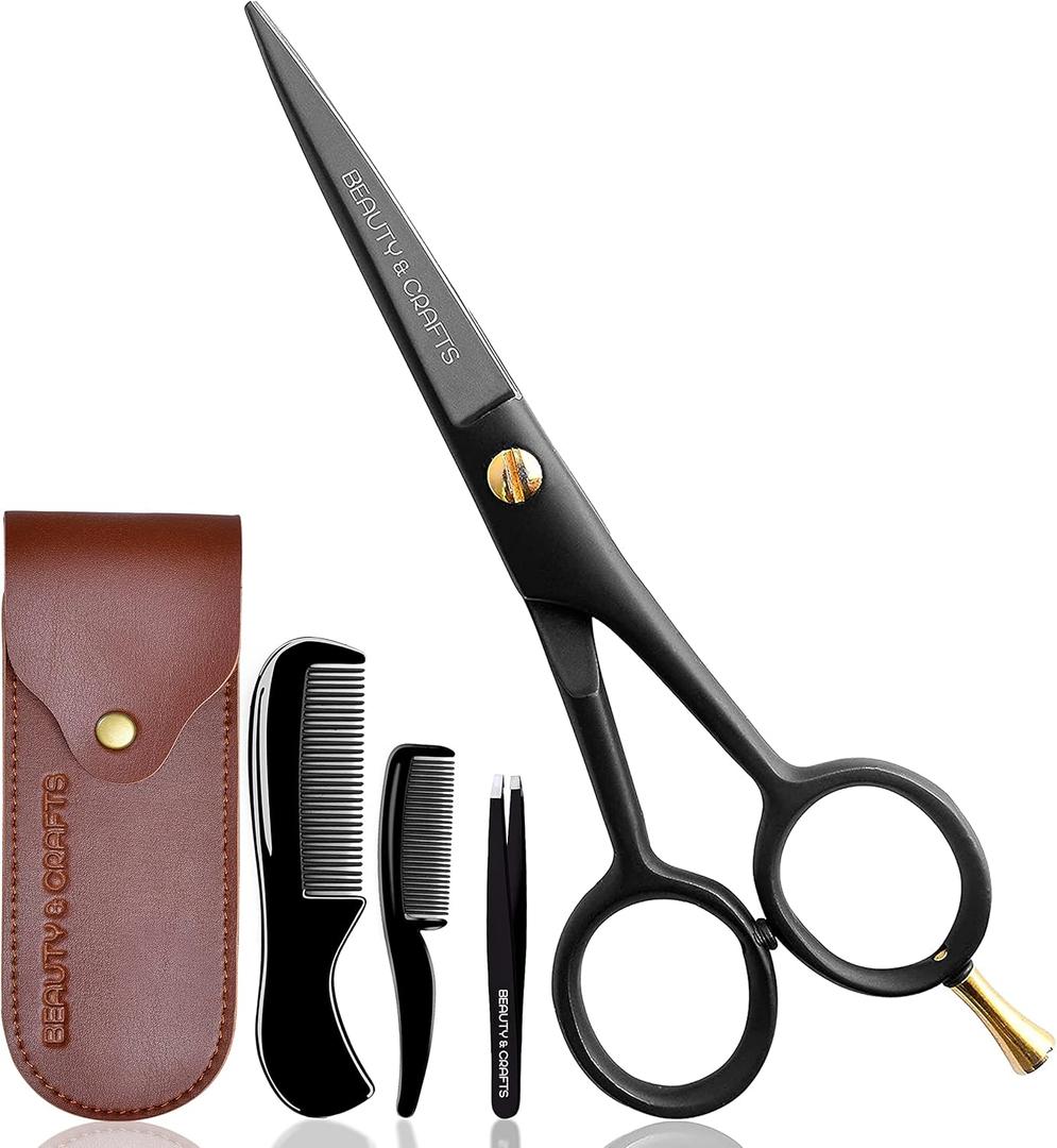 5'' Professional German Beard Scissors for Men- 2 Mustache Combs for Facial Hair with Beautiful Pouch & Tweezer - Mustache Scissors for Men Grooming, Cutting, Styling-Mustache Trimmer