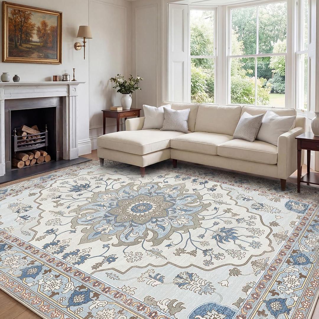 10x14 Area Rugs for Living Room, Machine Washable Boho Vintage Rug, Waterproof Surface & Non-Slip Backing, Foldable Soft Low Pile Floral Medallion Carpet for Bedroom Dining Room (Beige/Blue)