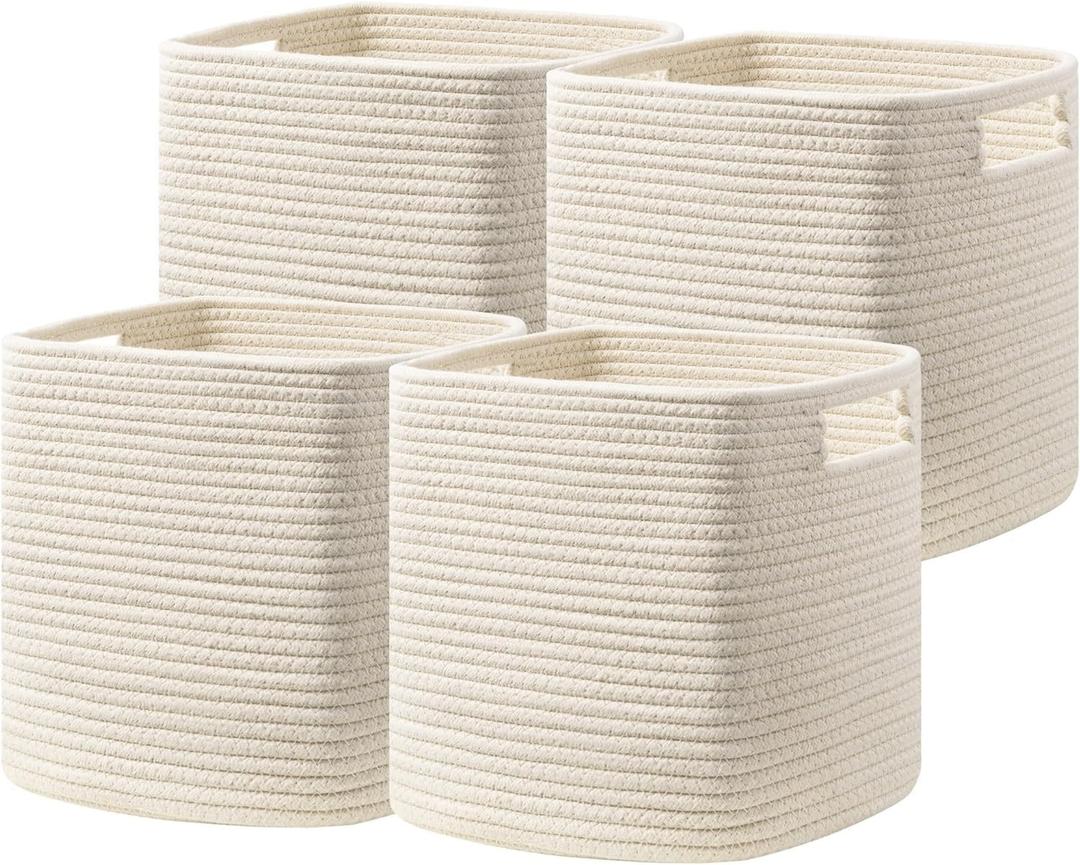 UBBCARE Set of 4 Storage Basket-12 X 12 X 12 in, Cotton Rope Baskets for Shelves, Toys, Book, Cube Storage Bins with Handles, Woven Storage Basket for Organizing, Beige