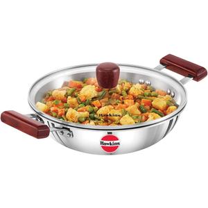 Hawkins 2.5 Litre Deep Fry Pan, Triply Stainless Steel Kadai with Glass Lid, Flat Bottom Induction Kadhai, Silver (SSD25G)