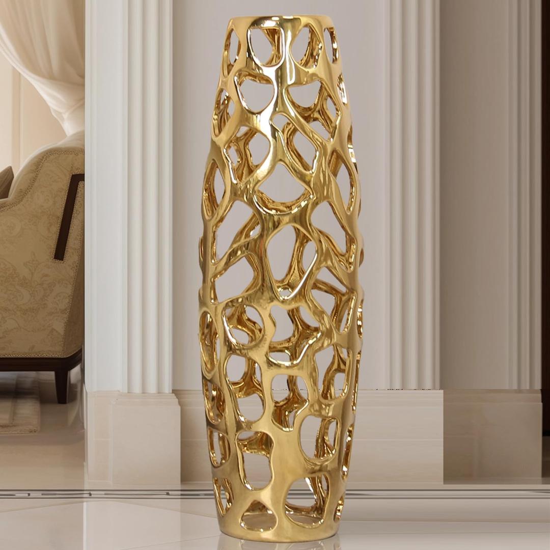 Ceramic Vase Large Floor Vase Handmade Ceramic Flower Holder Hand Carved Sophisticated Vessel for Decorative Branches and Dried Flowers 24 Inches Gold