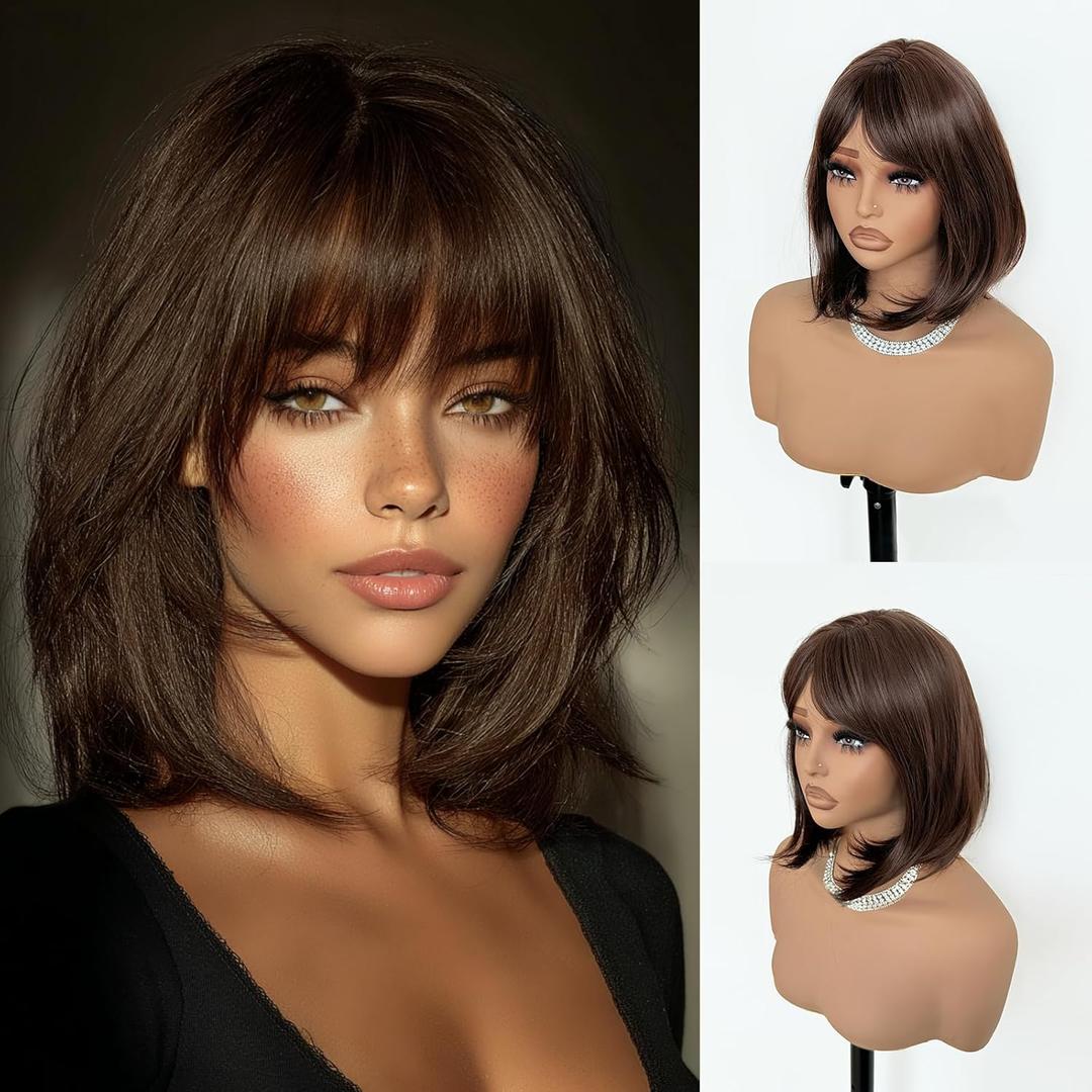 Short Brown Wig with Bangs Brown Bob Wig for Women Medium Shoulder Length Brunette Wig Bob Natural Looking Side Parting Dark Brown Wigs 16 Inch Heat Resistant Synthetic Hair for Girls Daily Party Use