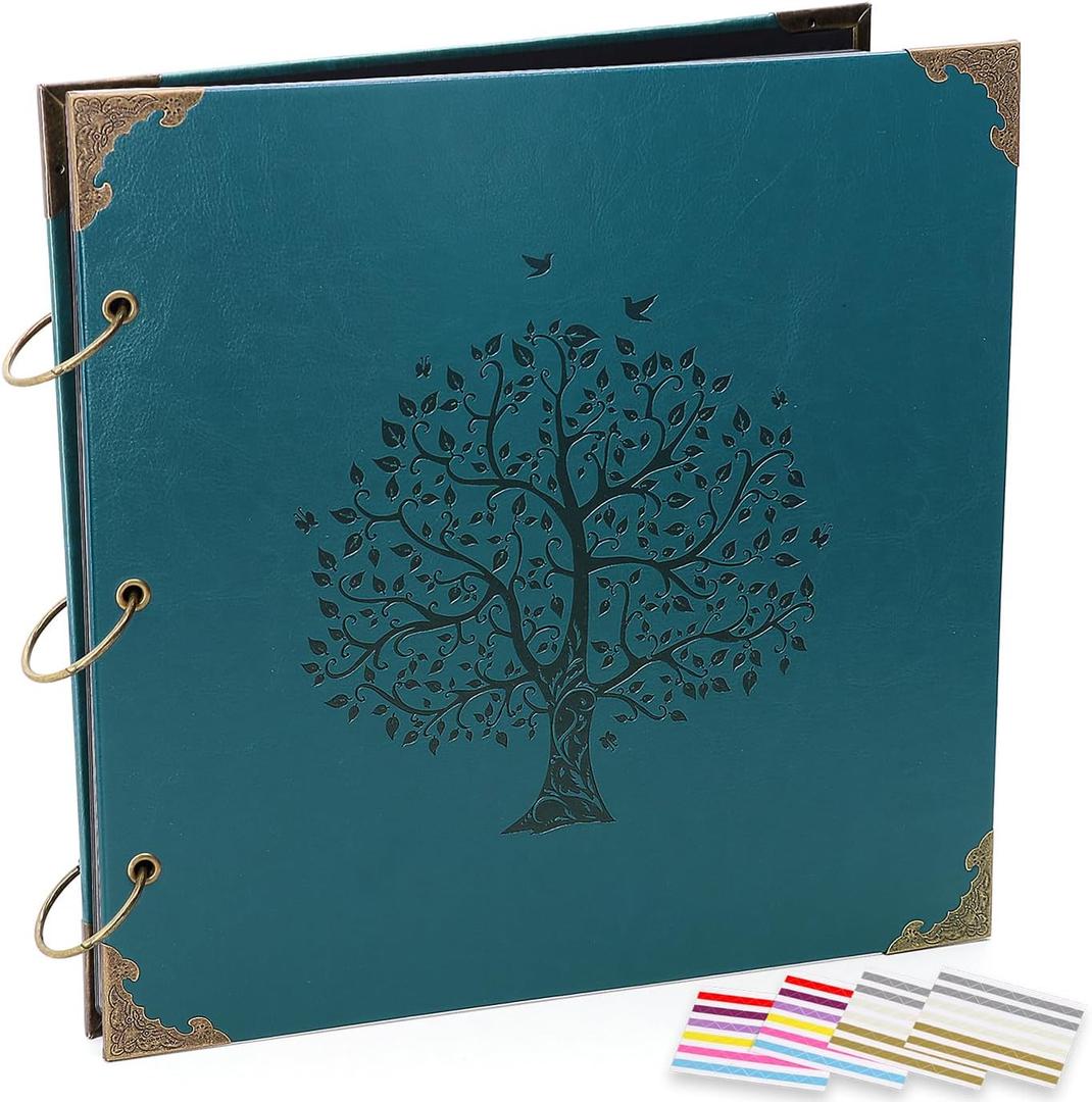 Photo Album DIY Scrapbook - 12x12 inch 50 Pages Vintage Leather Cover Three-Ring Binder Family Picture Booth Albums with 408pcs Self Adhesive Photos Corners for Memory Keep, Tree (Jasper Green)