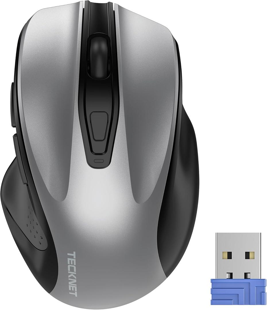 TECKNET Wireless Mouse, 2.4G Ergonomic Optical Mouse, Computer Mouse for Laptop, PC, Computer, Chromebook, Notebook, 6 Buttons, 24 Months Battery Life, 2600 DPI, 5 Adjustment Levels - Silver