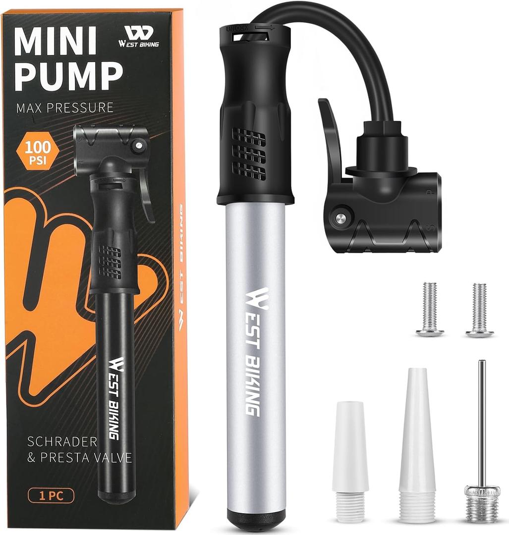 Bicycle Pump Mini Bike Pump - Aluminum Alloy Cycle Pump for Presta & Schrader Valve, Portable Lightweight Bike Tyre Pump Fast Tyre Inflation Mini Air Pump for Mountain Road Bike Ball Pumps (Silver)