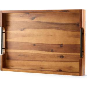 20 Inch Acacia Wood Ottoman Tray with Metal Handle - Wooden Square Serving Tray - Extra Large Food Trays for Decorative, Coffee Table, Breakfast in Bed - Charcuterie Trays Use for Kitchen