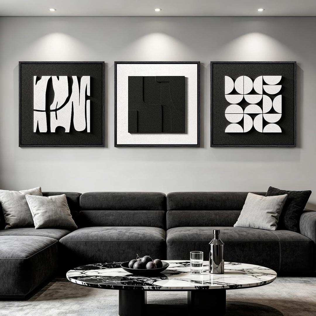HISPACE 3D Textured Framed Wall Art for Living Room, Set of 3 Black and White Abstract Artwork with Solid Wood Frame, Minimalist Geometric Pictures for Hallway Office Home Decor,19.69 X19.69 INCH, 20L*20W IN