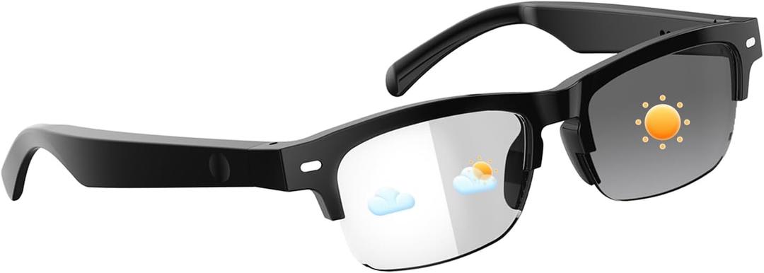 HAIXINDA Smart Glasses, Bluetooth Glasses with Color-change Lenses, Half Frame Design, Open-Ear Speaker, Intelligent Control, Hands-Free Calls, Audio Bluetooth Eyeglasses for iPhone Android Music/Work (YX01-Black)