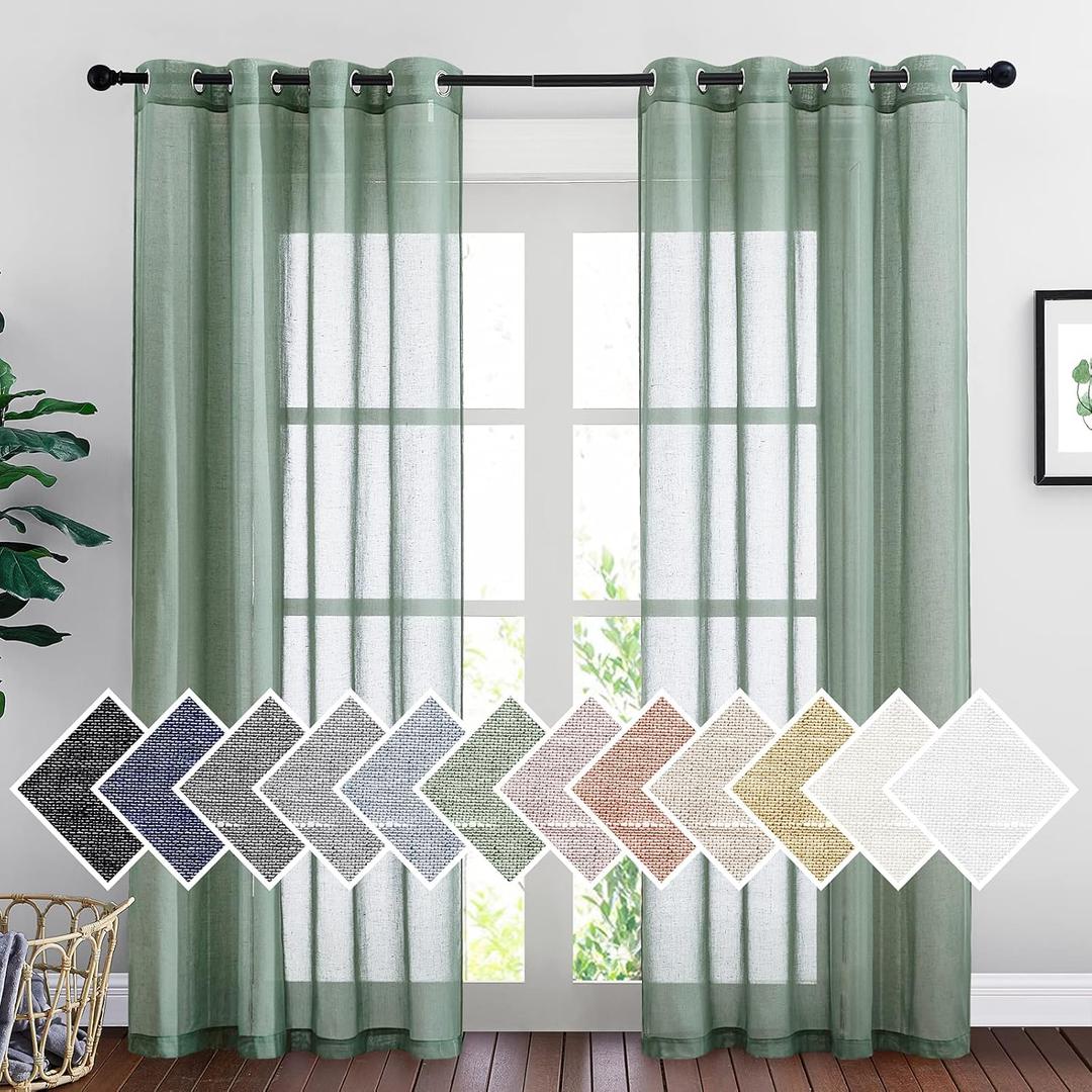 NICETOWN Linen Sheer Curtains Flax Textured for Living Room, Grommet Semi Sheer Vertical Drapes Privacy with Light Filter for Home Office/Farm House, W52 x L84, Olive Green, 1 Pair