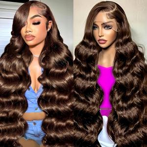 28 Inch Chocolate Body Wave Brown Lace Front Wig Human Hair 13x6 HD Lace Front Wigs Human Hair Pre Plucked 180 Density Colored 4# Gluess Brown Wig Human Hair Wigs For Women