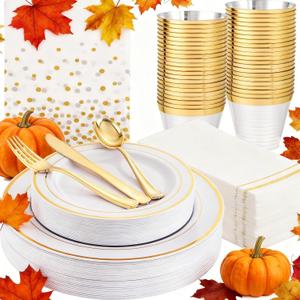 GATHER 176 Pieces Gold Dinnerware Disposable - White and Gold Plastic Plates Includes 50 Plates, 25 Plastic Silverware, 25 Napkins, 25 Cups and 1 Tablecloth for Wedding Party Thanksgiving