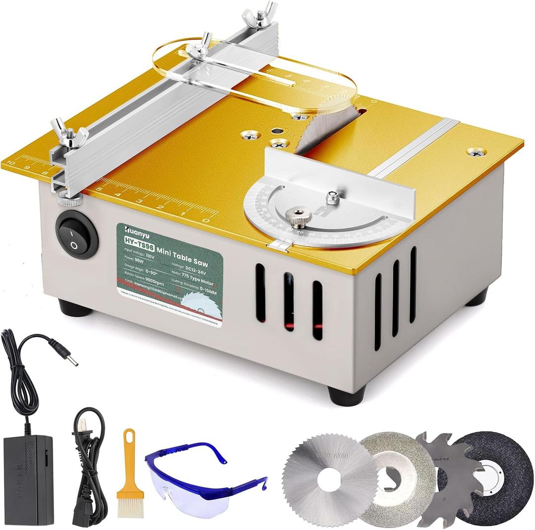 Huanyu Mini Table Saw 96W 9000RPM Hobby Electric Saw 7-Level Speed Adjustable 0-90 Angle 15MM Cutting Depth with Blade Model DIY Crafts Cutting Tool for Precision Cut Metal Wood Plastic Acrylic (Golden)