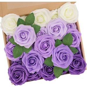 N&T NIETING Artificial Flowers, 25pcs Fake Flowers Rose with Stems Perfect for DIY Wedding Bridesmaid Bridal Bouquets Centerpieces Home Flower Arrangement Decoration, Series Purple