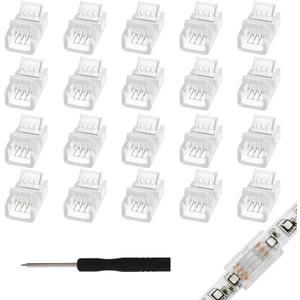 4Pin 8mm RGB LED Light Strip Connectors 20Pcs Waterproof LED Tape Connectors Transparent Solderless LED Light Strip Connectors for Strip Light Gapless Track Connector 5V 12V 24V