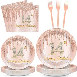 96 Pcs Rose Gold 14th Birthday Party Plates and Napkins for Girls Rose Gold Party Supplies Pink Happy 14 Years Birthday Party Tableware Set for 24 Guests Party Decorations