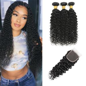 Water Wave Human Hair Bundles with Closure (14 16 18+12) Wet and Wavy 100% Unprocessed Brazilian Virgin human hair 3 Bundles with 5x5 Lace Closure Free Part Curly Wave Hair Extensions