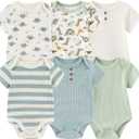 Baby Bodysuit 6 Pack Soft Mixed Ribbed Short Sleeve Romper Infant Boy Girl Clothes Set (3-6 Months, Baby Bodysuit 6-piece Dinosaur/Turtle/Sage Green/Gray Blue)