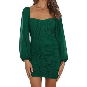 Women's Long Puff Sleeve Mesh Paneled Square Neck Ruched Bodycon Above Knee Sexy Nightclub Party Dress, M, Green