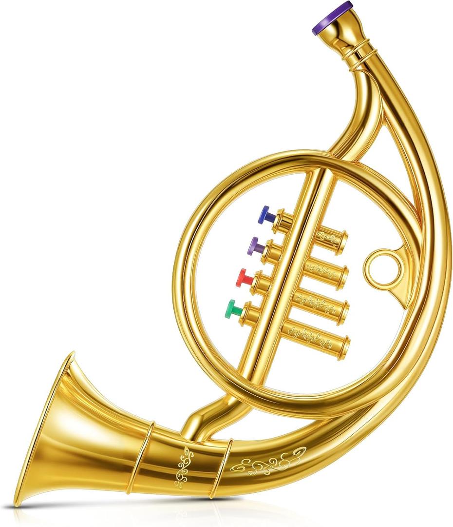Lewtemi Gold Horn Musical Instruments Toy for Kid Toddler Fake Plastic Preschool Music Toy Gift Portable Wind Instrument Early Educational Teaching Songs Gifts for Toddlers Children