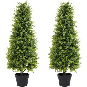 3ft Artificial Boxwood Topiary Trees, Set of 2 UV Resistant Faux Evergreen Shrubs and Bushes for Outdoor Planters, Realistic Fake Plants for Front Porch Outside Patio Yard, 3 Foot Tall