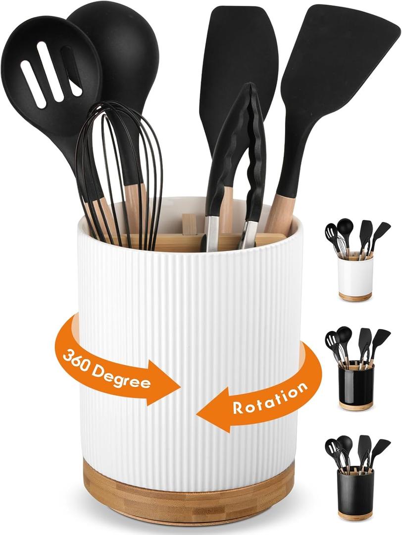 LoeJan 3 Compartment Utensil Holder, Extra Large Utensil Crock, Stable Ceramic Utensil Organizer, Cooking Tool Organizer Set for Kitchen Counter Farmhouse Decor (A-White(Vertical Stripe)) (7.2 inch)