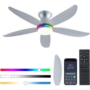 Ceiling Fan with Light, 48" RGB Low Profile Ceiling Fans with Lights and Remote Control, Dimmable, DC Reversible Motor, Noiseless, 6 Speeds Flush Mount Sliver Ceiling Fan for Bedroom (Silver)