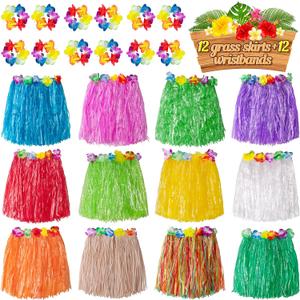 jollylife 12PCS Hawaiian Luau Hula Skirts + 12PCS Wristbands - Hibiscus Flowers Birthday Tropical Party Decorations Favors Supplies