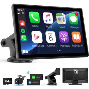 Wireless CarPlay Screen - 9'' Portable Car Stereo with 4K Dash Cam, 1080P Backup Camera, Satellite Radio, Apple CarPlay & Android Auto, GPS Navigation/ AirPlay/ Voice Control