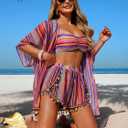 ZAFUL Women's 4 Piece Swimsuit with Fringe Bikini Cover Up Boho Swimwear | Striped Bathing Suit with matching cover up, Boho Swimsuit, Bandeau Top, High Cut Bottom (Pink) Large