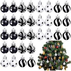 Lenwen 54 Pcs Mini Christmas Balls Ornaments Black and White Christmas Tree Decorations 1.18 Inch Xmas Striped Dots Shatterproof Plastic Hanging Ornaments for Small Tree Wreath Holiday Party Decor