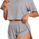 OYOANGLE Women's Two Piece Pajama Set Striped Print Crew Neck Short Sleeve Tee and Side Split Shorts Set Cute Pj Sets (Medium, Black)