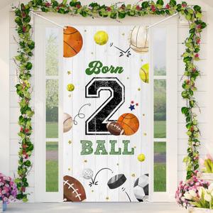 Lofaris Born Two Ball Door Cover 6x2.9ft, 2nd Birthday Sports Theme Door Banner, Boy Birthday Party Decorations