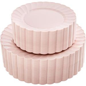 YOUBET 100PCS Pink Scalloped Plastic Plates for Wedding Party