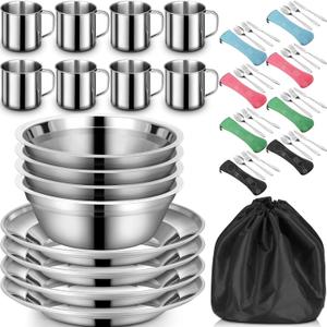 58 Pcs Camping Plates Cups and Bowls Set, Stainless Steel Dishes Mess Kit Utensils Tableware with Spoons Forks Knives Storage Bags for 8 Person Outdoor Camping Backpacking Hiking Travel Picnic