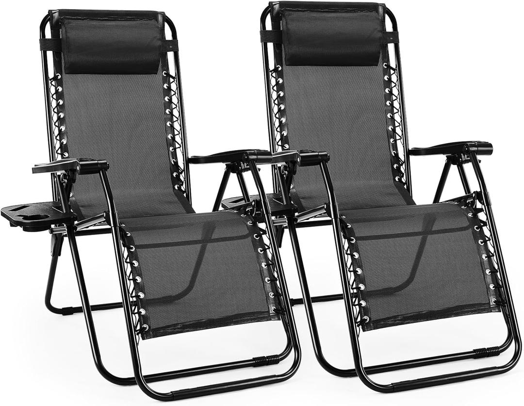 Alpen Zero Gravity Lounge Chair Set of 2, Patio Chair Folding Lounge Chairs for Outside, Portable Camping Chairs with Pillow and Cup Holder, Outdoor Recliner for Beach Outdoor Camping, Black