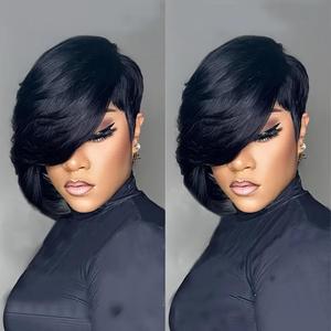 Pixie Cut Wig for Black Women Natural Black Short Wigs for Women Side Bang Layered Wig with Bangs Pixie Haircut Synthetic Straight Natural Looking Daily Party Wigs