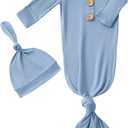 Newborn Baby Boys Girls Knotted Gown Hat Set Soft Bamboo Viscose Infant Sleeper Baby Sleep Gown with Mittens (0-3 Months, Dusty Blue)