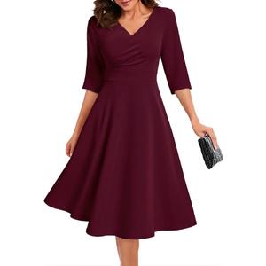 Bbonlinedress Midi Cocktail Dress Formal Wedding Guest 3/4 Sleeve Church V-Neck Work A-Line Swing Tea Party Dress (Medium)