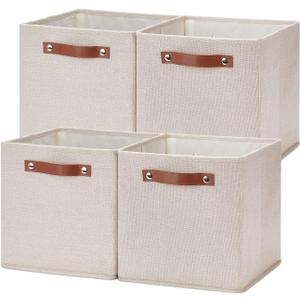 Temary 11x11 Storage Cubes Fabric Storage Cubes Storage Bins with Dual Leather Handles Canvas Storage Boxes for Organizing Home, Shelf, Closet (Beige, 11 x 11 x 11)