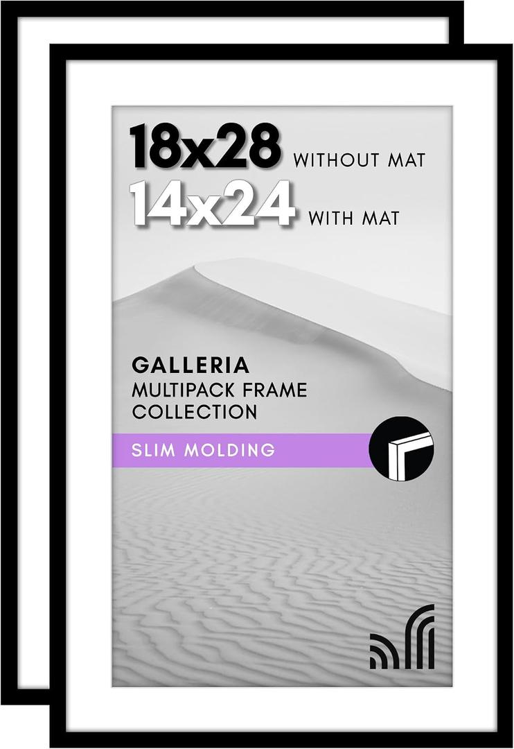 Americanflat 18x28 Picture Frame with Polished Plexiglass - Set of 2 - Use as 14x24 Frame with Mat or Display 18x28 Photo Without Mat - Galleria Collection - Picture Frames for Wall Display - Black