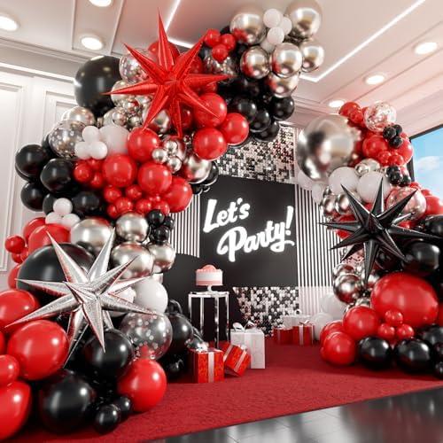 Red White and Black Balloon Garland Arch Kit, Red and Black Party Decorations with white Silver Balloons Confetti Latex Balloons for Graduation Decorations Prom Anniversary Birthday Party Decoration, Set of 2