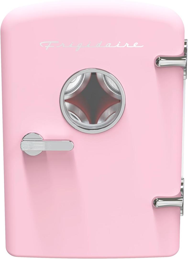 Frigidaire Retro Mini Personal Fridge Cooler, Holds up to 9 Cans, Portable for Car, Office, Bedroom, Dorm Room, or Cabin, Includes 110V AC and 12V DC cords - 11.8"D x 7.1"W x 10.1"H, Pink (Pink)