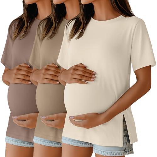Ficerd 3 Pack Women's Maternity T Shirts, Short Sleeve Side Split Pregnancy Tops Casual Crew Neck Pregnant Tees Mama Clothes, Large Ficerd 3 Pack Women's Maternity T Shirts, Short Sleeve Side Split Pregnancy Tops Casual Crew Neck Pregnant Tees Mama Clothes, Large