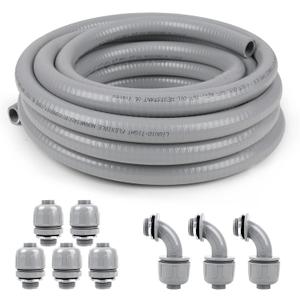 3/4inch 50ft Liquid-Tight Conduit and Connector Kit,Flexible Non-Metallic Liquid Tight Electrical Conduit Kit with 5 Straight and 3 90-Degree Connector Fittings,3/4 in. Dia