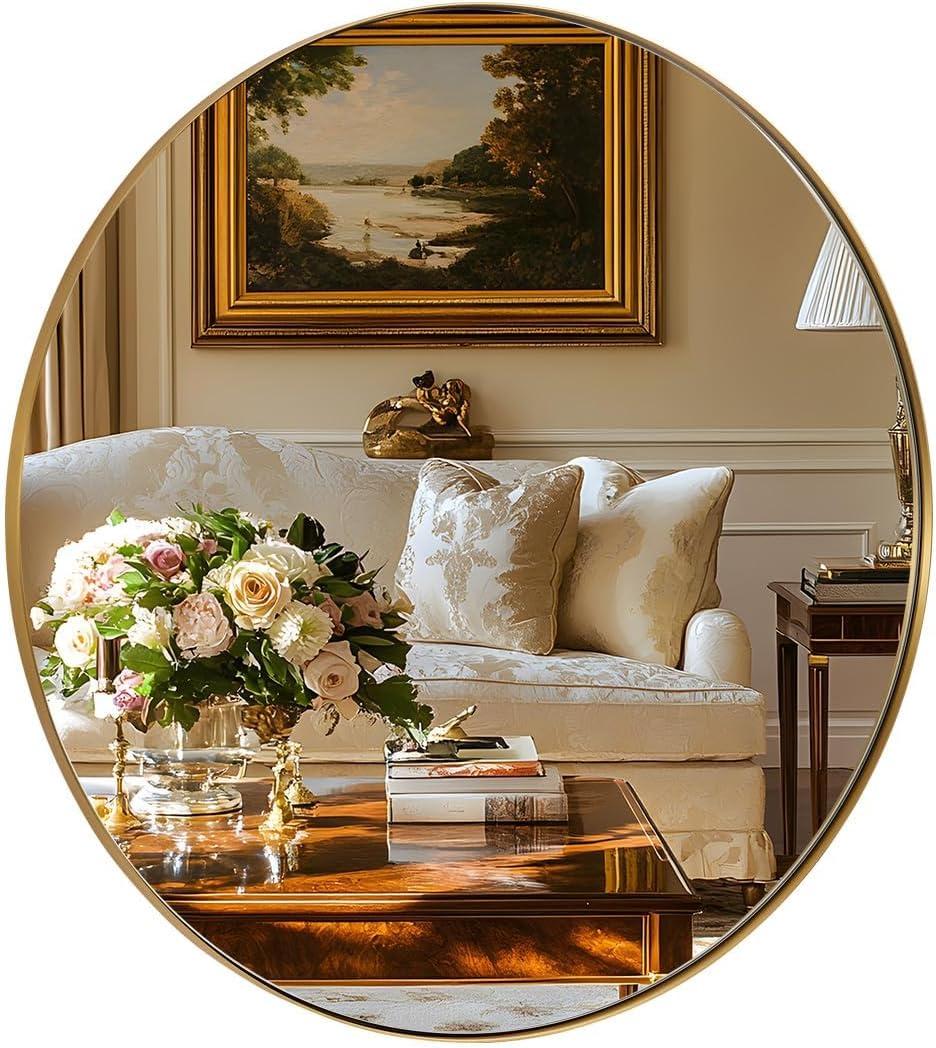 ANDY STAR Round Bathroom Mirror, 24" Brushed Gold Circle Mirror
Rust-Proof Stainless Steel Metal Thin Frame, 1" Deep Set Design, Electronic Display Grade Glass, Ideal for Home Decor