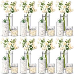 Nuogo 24 Pcs Plastic Cylinder Vases Tall Plastic Flower Vases for Centerpieces Hurricane Candle Holder for Home Wedding Office Party Formal Dinners Decorations (4''/6''/8'')